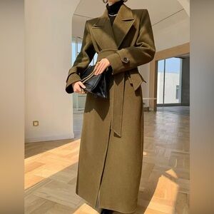 100% Wool Trench Coat – Army Green – Thick Long Trench